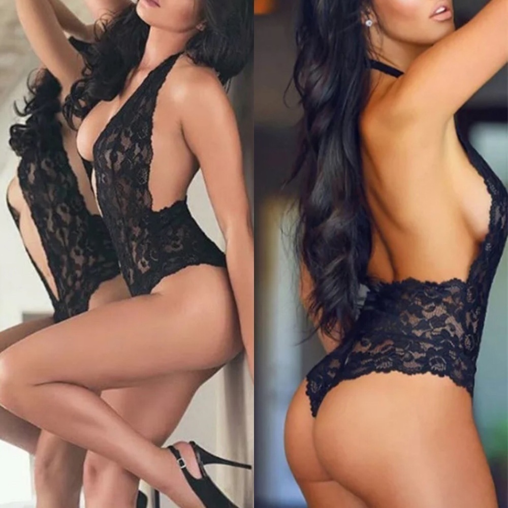 NWT Stretch Deep V Plunge Lace Halter Sexy Lingerie Bodysuit